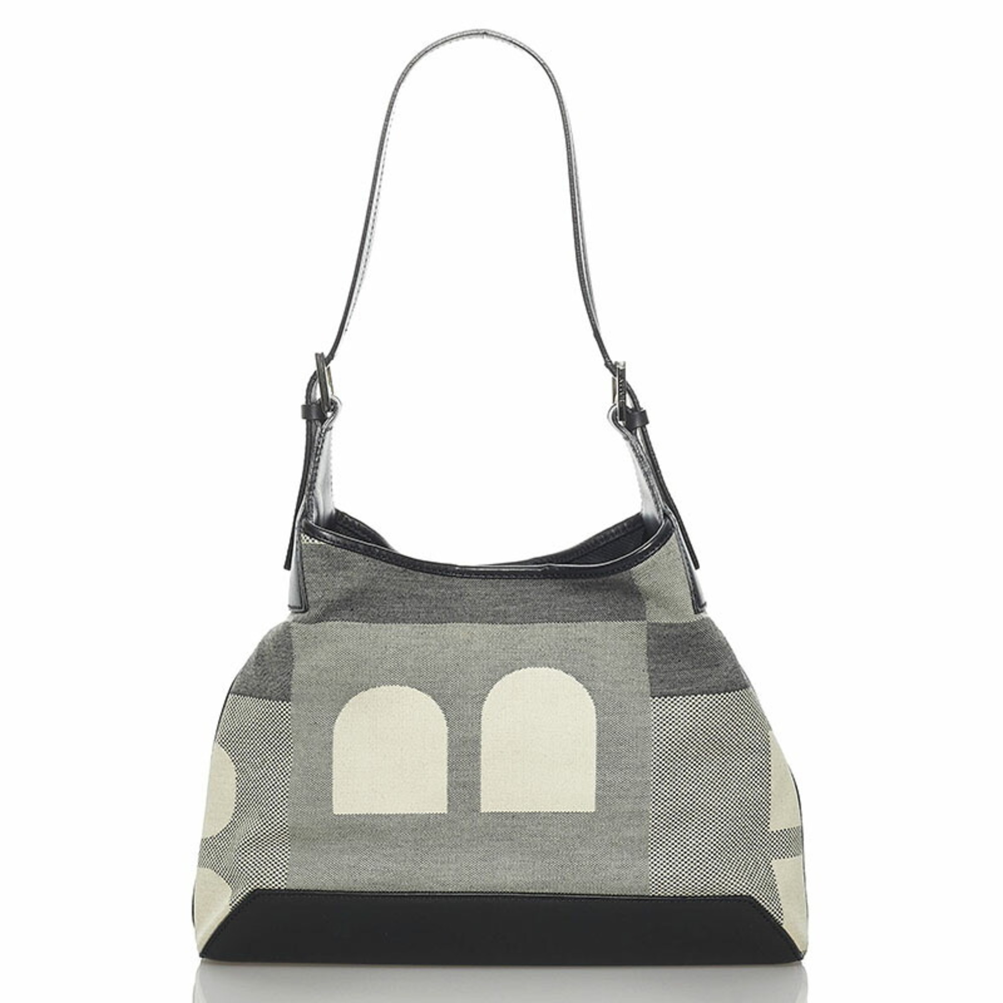 Bally B One Shoulder Bag White Black Canvas Leather Ladies